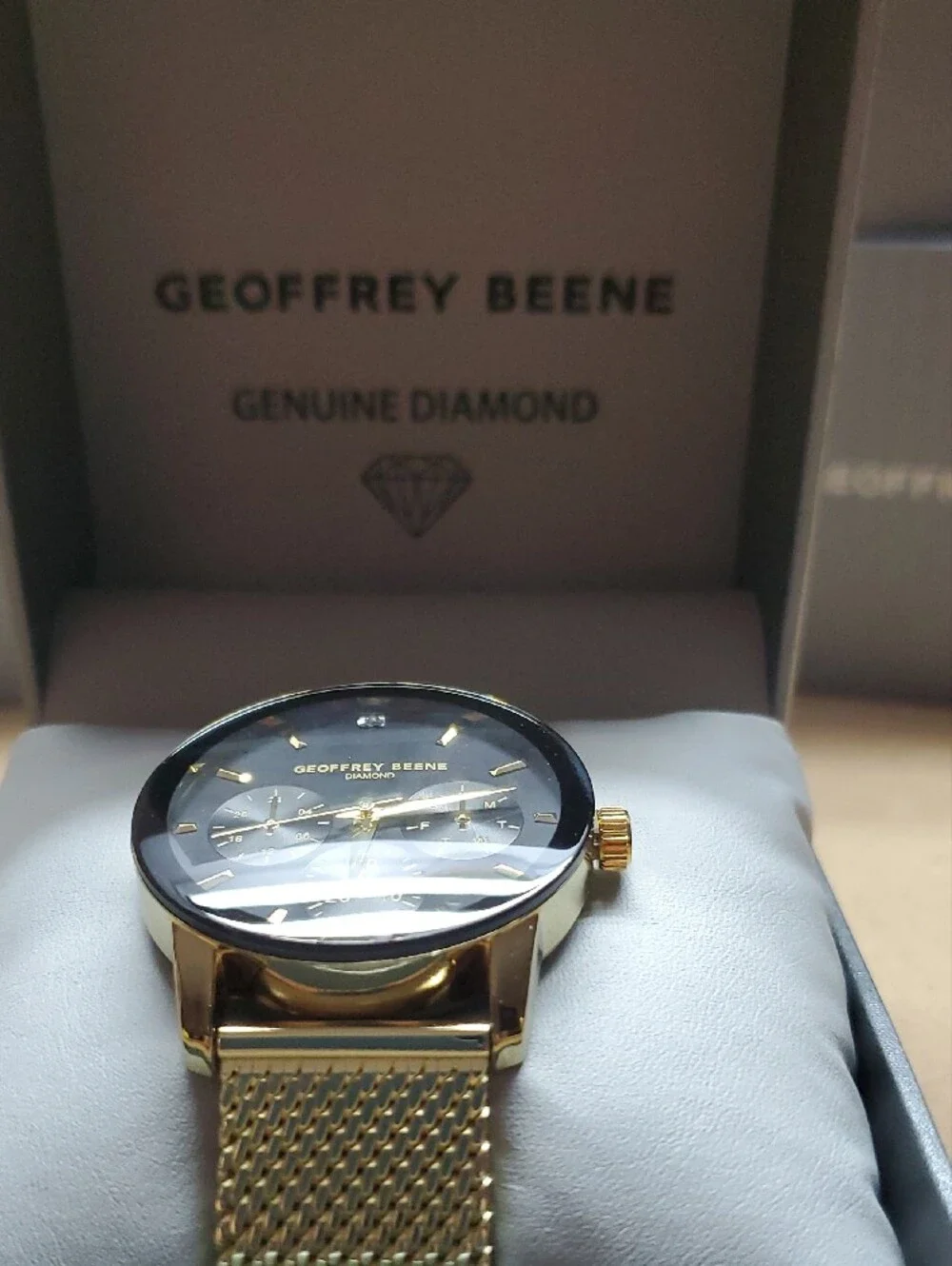 Geoffrey Beene Gold Tone Mesh Bracelet Watch with Black Dial